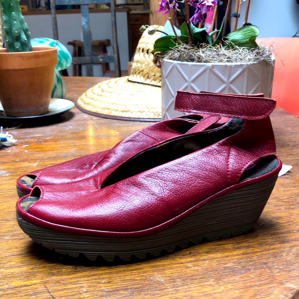 Blood red leather Fly London wedges